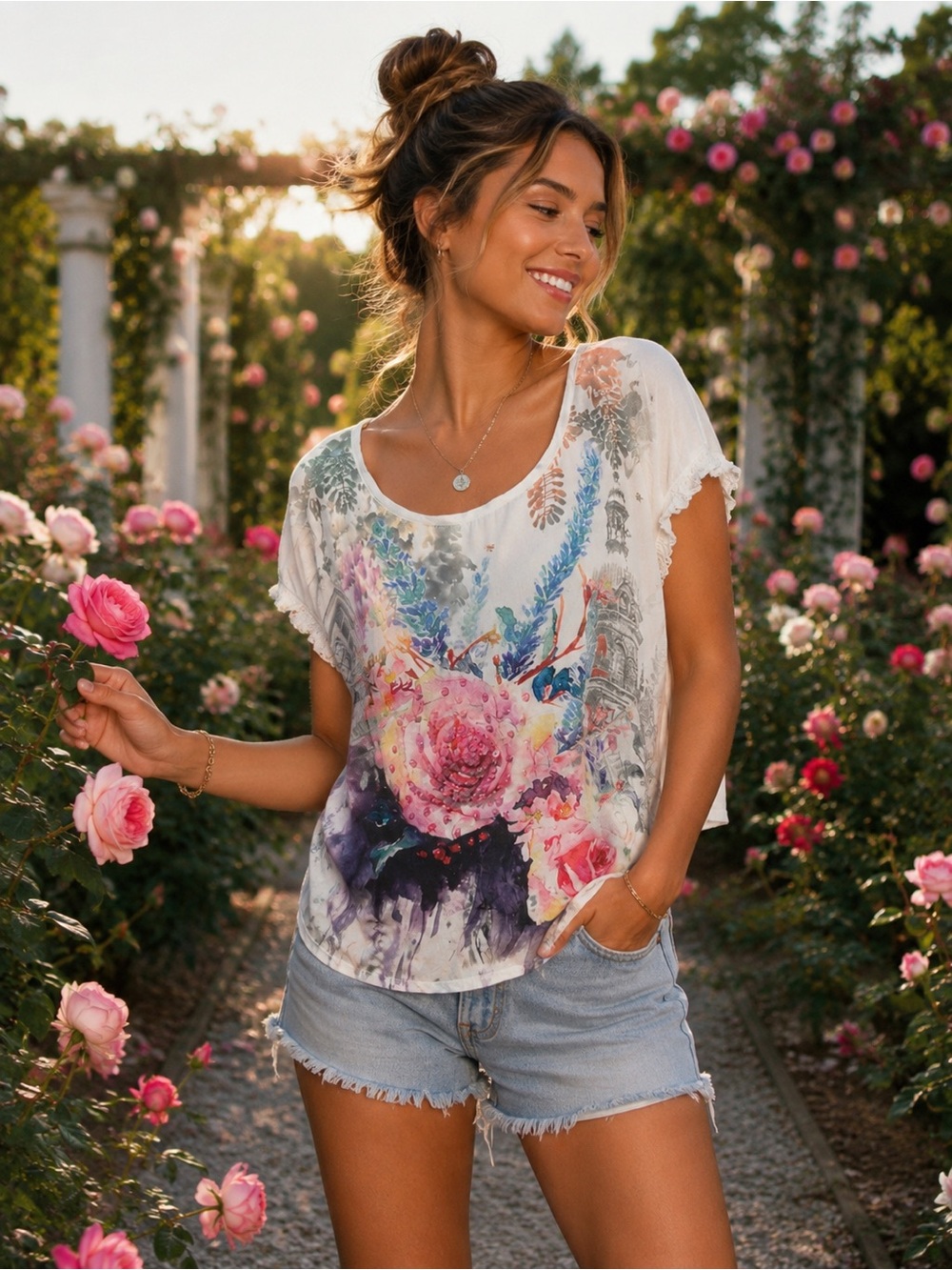 Floral Scoop-Neck Blouse in Cream with Multicolor Print